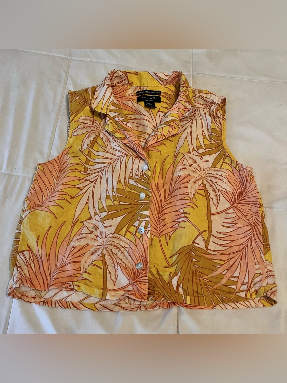 Tahari Tropical Palm Lead Yellow Linen Button Front Tank Top Vest Women’s side m